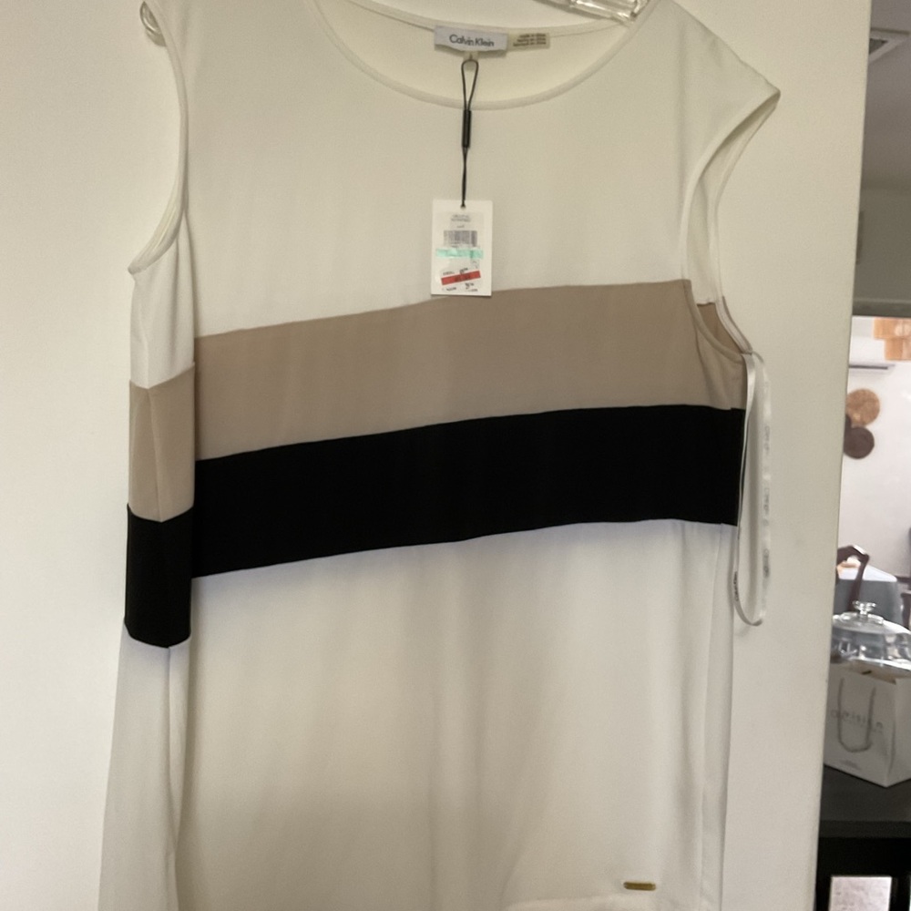 Calvin Klein White Sleeveless Tank with Taupe and Black Bands